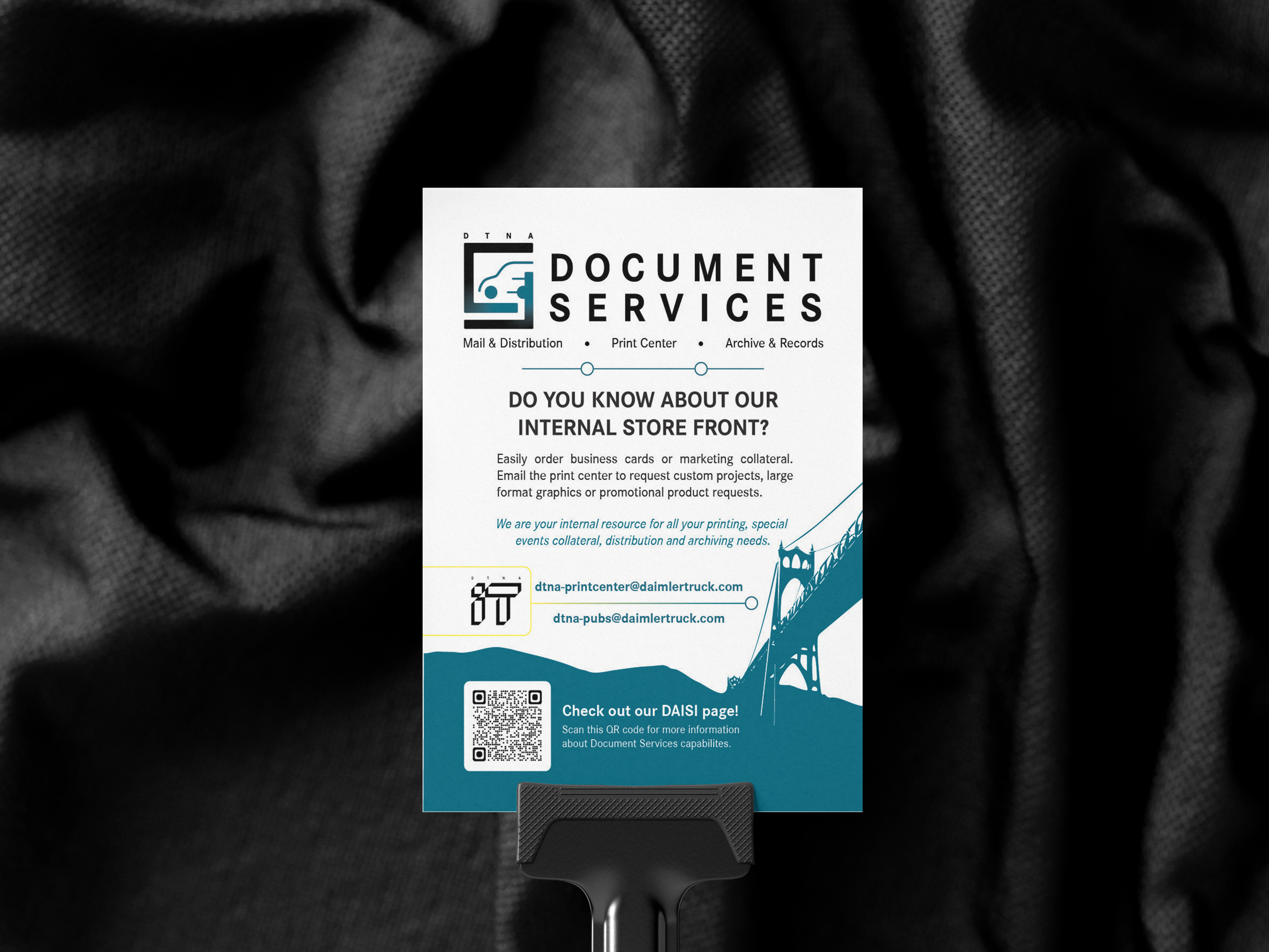 Flyer promoting DTNA Document Services with contact emails, a QR code, and a bridge graphic