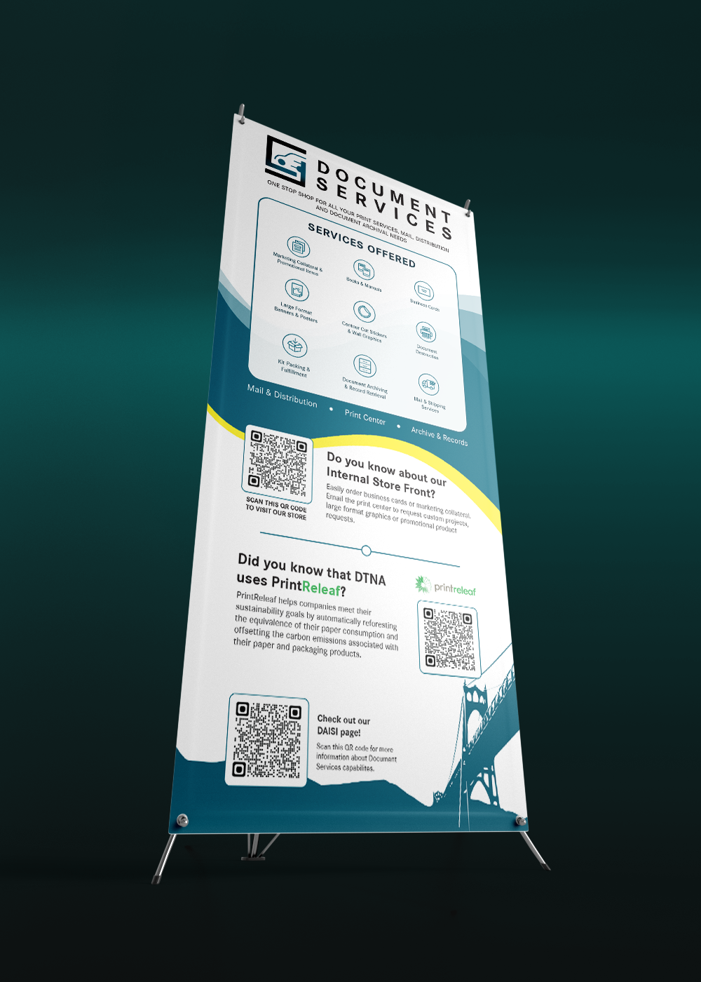 A freestanding vertical banner for Document Services, detailing printing, distribution, and archiving solutions with icons and text. It includes QR codes for accessing the internal store, PrintReleaf information, and additional resources. The design features a blue and white color scheme with a bridge graphic at the bottom.