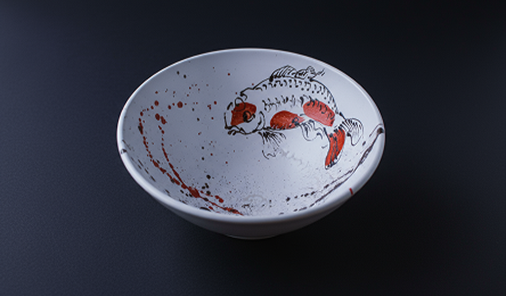 Fine arts cover image showcasing a bowl made by Rohan which features a bowl with illustration of a koi fish jumping out of water in a black and white with a splash of red brushstrokes on the Koi.