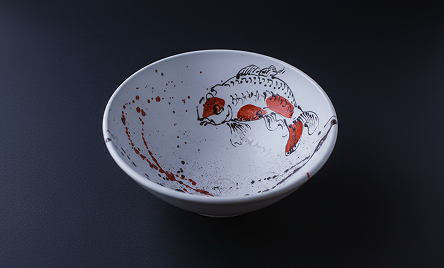 Fine arts cover image showcasing a bowl made by Rohan which features a bowl with illustration of a koi fish jumping out of water in a black and white with a splash of red brushstrokes on the Koi.